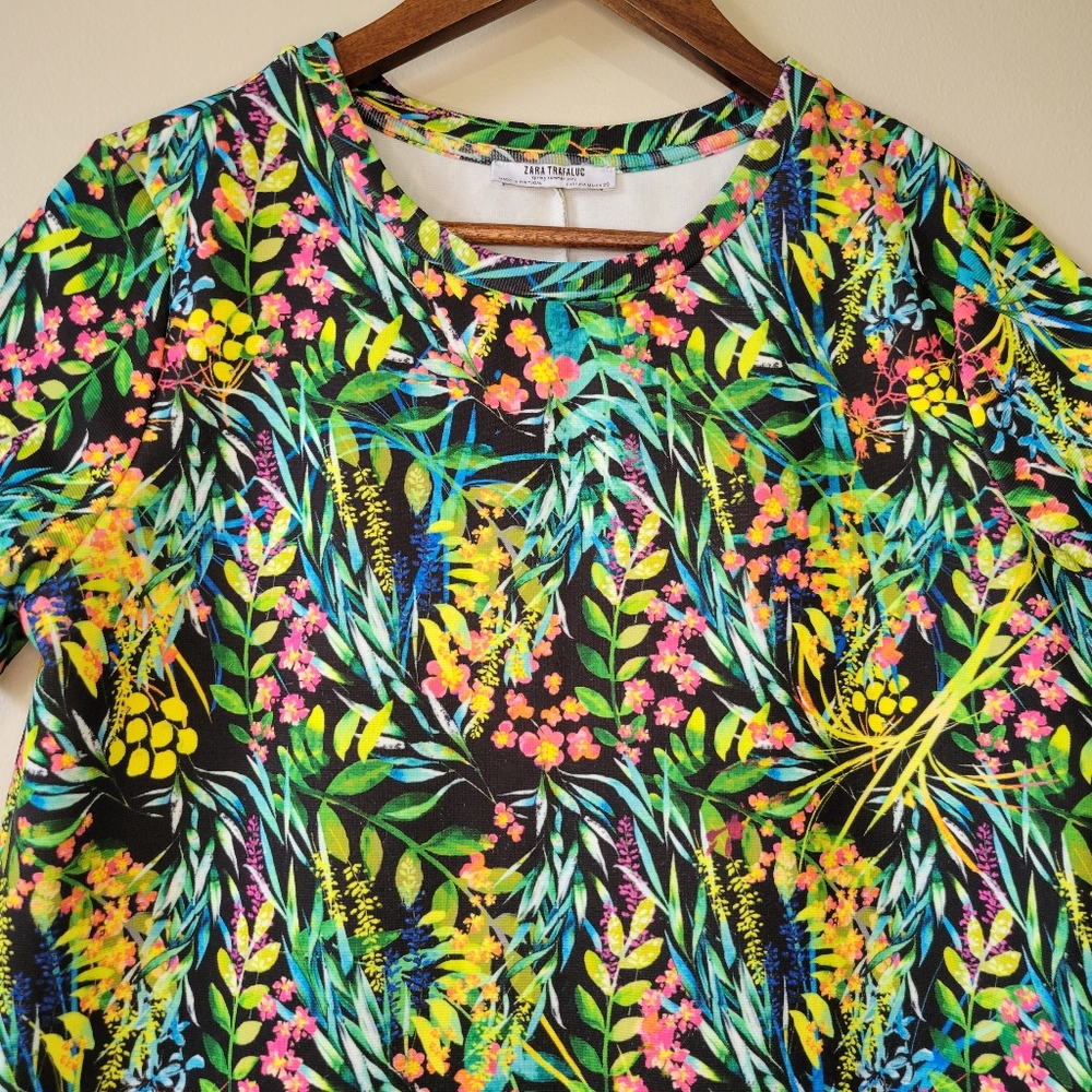 Zara Trafaluc Tropical Floral Neon Print Shift Dress Women’s Size Medium - Picture 2 of 8
